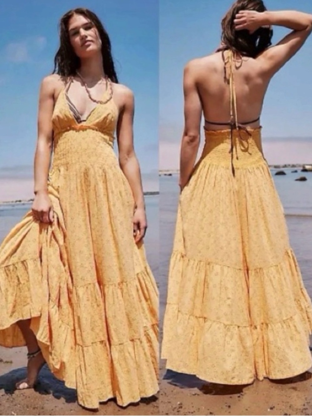 Free People Ethereal Bohemian Eyelet Lace Ruffle Halter Maxi Dress Large NEW